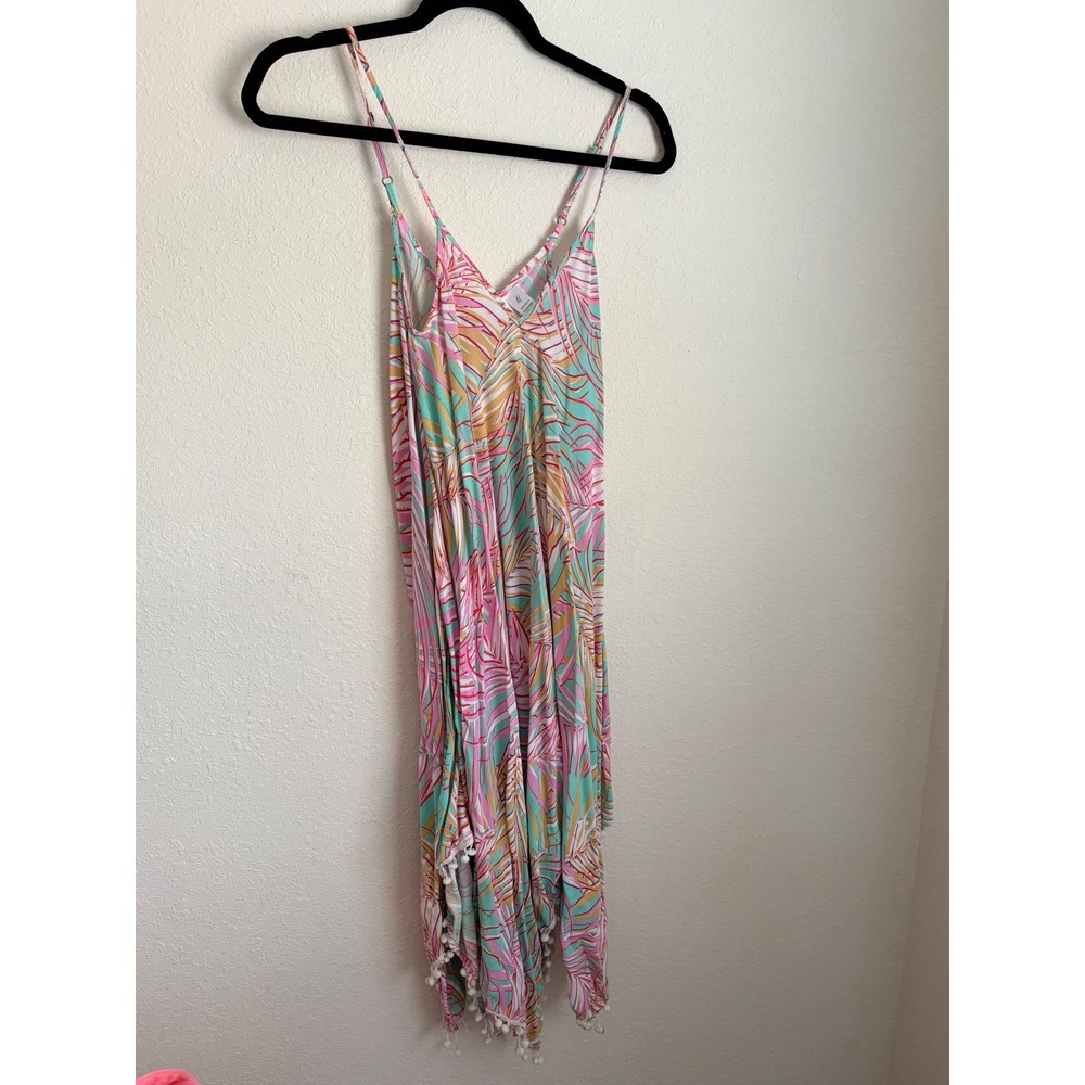 Goa Beachwear by Japna Dress Medium Pink Teal Excellent Palm Print Pom Pom Boho